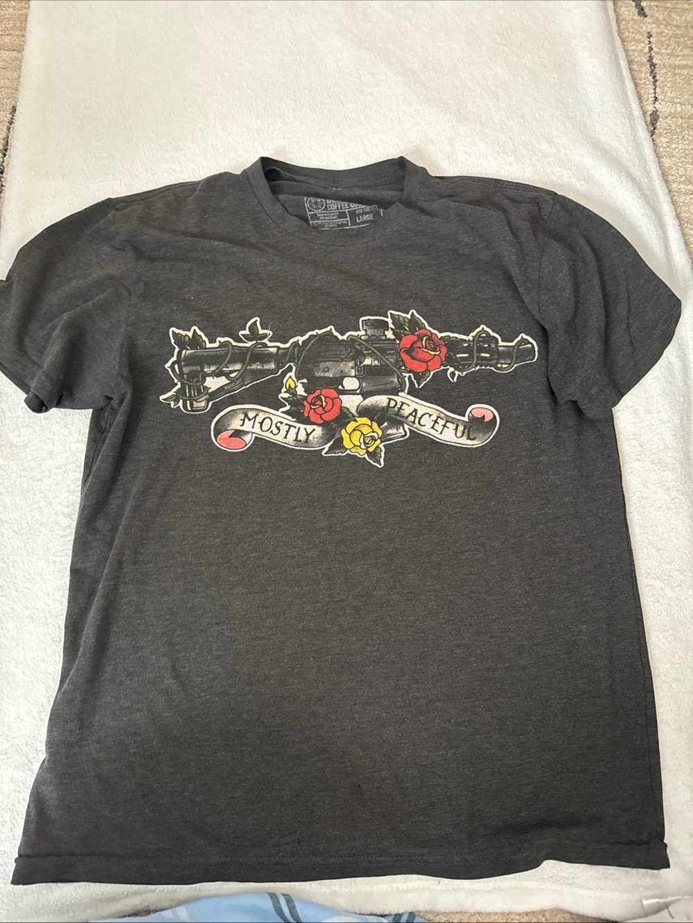 Mostly Peaceful Short Sleeve Graphic Tee - Charcoal with Floral Accent